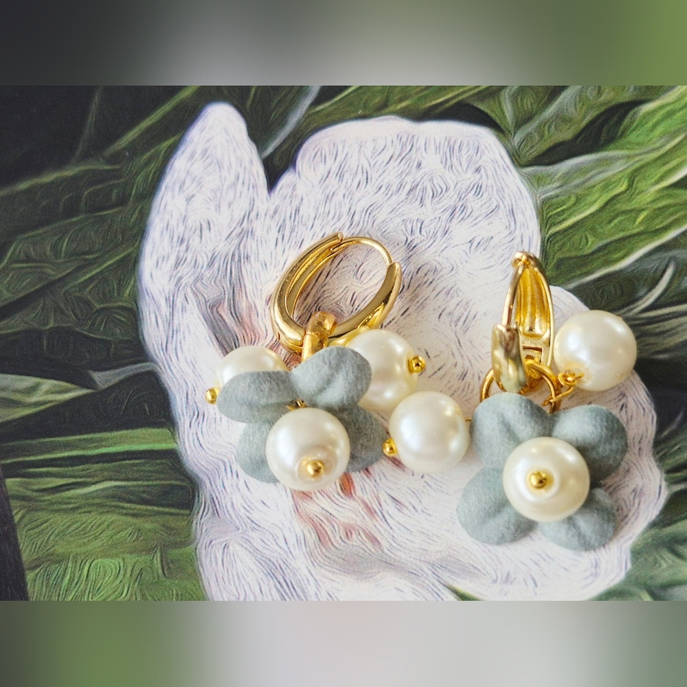 18k Gold Plated Oval Hool Pearl & Leather Flower Drop Earrings 2 In 1 - Picture 1 of 7